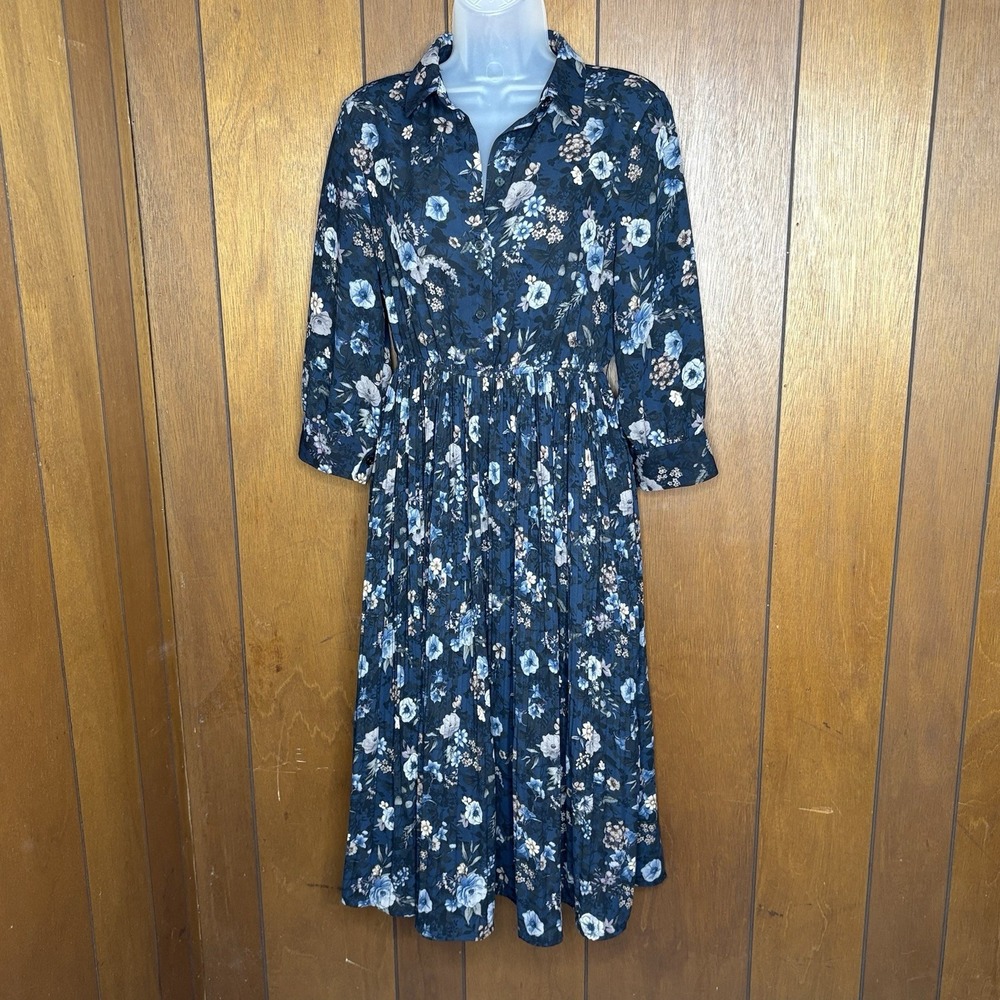 Floral Midi Dress M Blue Pleated Boho Cottagecore Fairy Romantic Prairie Teacher